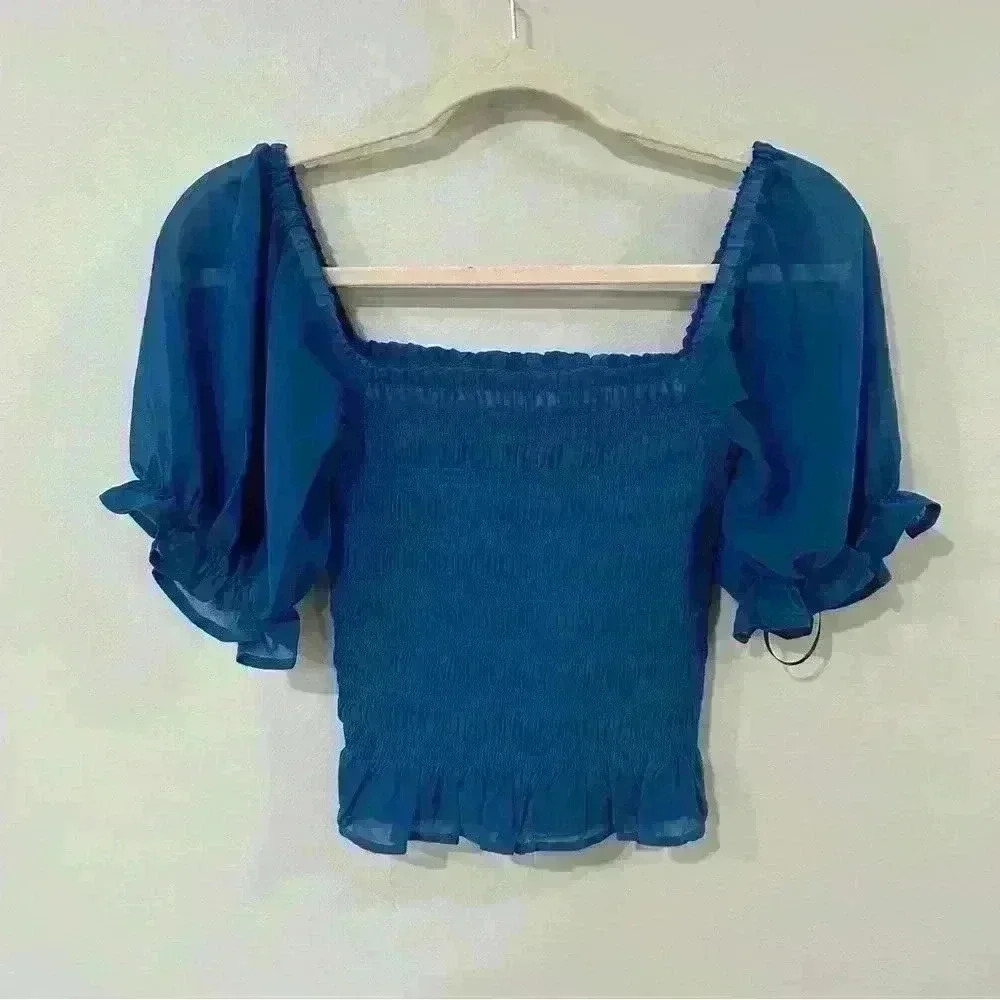 Women’s Leyden Blue‎ Sheer Puff Sleeve Blouse in Royal Blue, Size XS